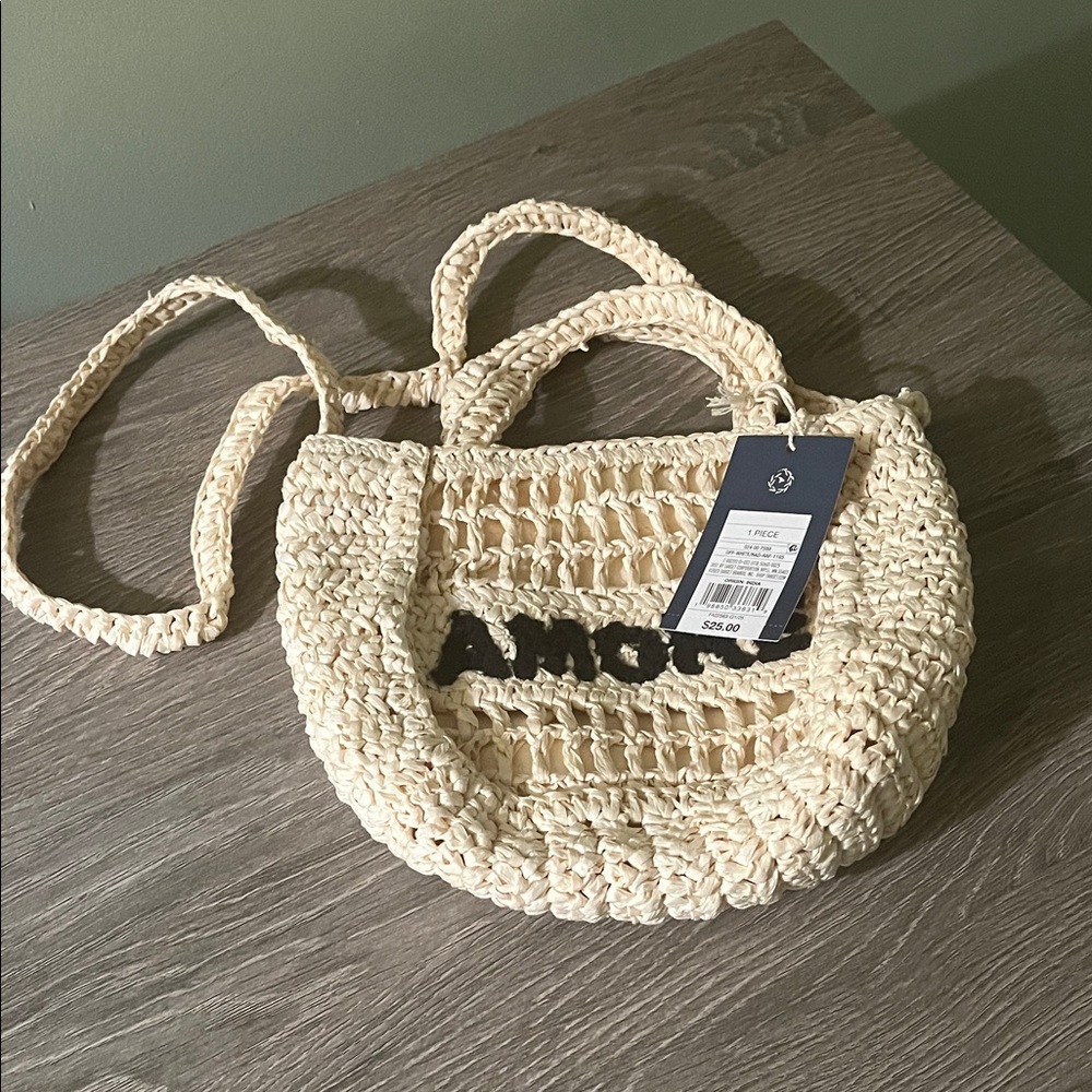 Universal Thread Cream Woven Straw Crossbody Tote with Black Amore Accent